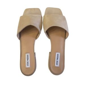Steve Madden Women’s Suede Camel Color Block Heel Slip on Sandals